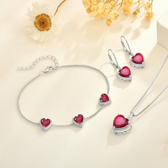 Love Heart Sterling Silver Ruby Birthstone Link Bracelet for Women - Picture 5 of 6